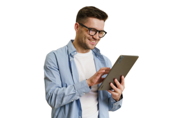 A man with glasses uses a tablet, a freelance creative designer, a cut-out background