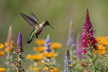 Hummingbird feeding on flowers, A hummingbird hovering near a vibrant patch of wildflowers 