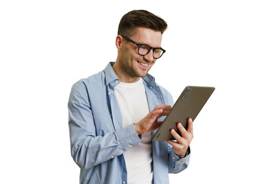 A man with glasses uses a tablet, a freelance creative designer, a cut-out background