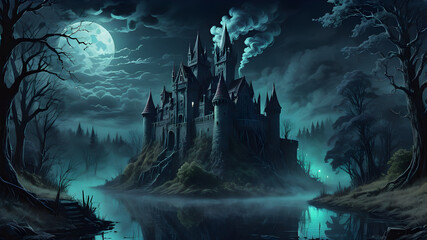 Old castle surrounded by a moat in the creepy spooky forest with dark cloudy