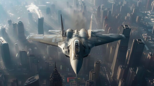 A Sukhoi Su-57 fighter jet flies over a city