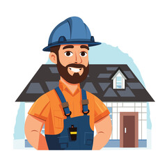 Happy male construction worker wearing blue hard hat orange work shirt stands confidently front stylized residential house. Cheerful bearded builder dressed work overalls tools pocket, smiling front