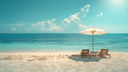 White Sand Beach with Inviting Chairs and Umbrella for Ultimate Comfort
