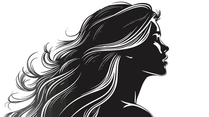 Monochrome silhouette of young woman with long wavy h