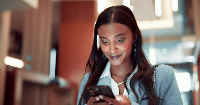 Business woman, phone text and walking in office with social media, message and web app for meme. Scroll, internet and professional at attorney agency with smile and happy from mobile tech and chat
