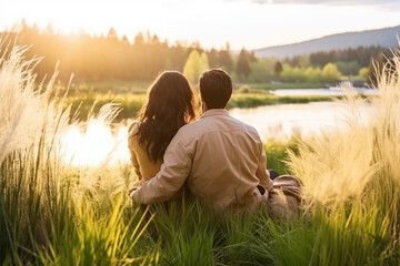 Young couple having a romantic moment in a pretty landscape
