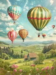 A whimsical depiction of the Bastille Day hot air balloon festival, with a myriad of colorful balloons drifting over the picturesque French countryside. The playful and dreamlike composition,