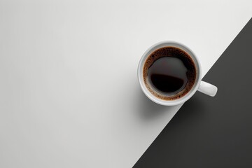 A white coffee cup with a black rim sits on a white background, free space for text