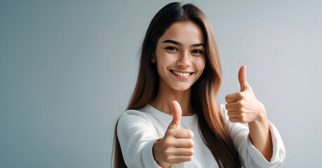 Smiling pretty young woman showing thumbs up isolated on the blue background