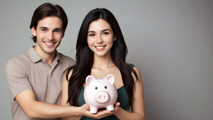Smiling, happy young family savings in piggy bank. Married couple are planning to save up finances. Savings, investments, financial freedom, business, hope for success