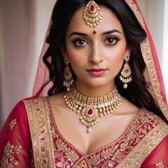 Stunning Indian bride dressed in Hindu red traditional wedding clothes lehenga embroidered with gold jewelry