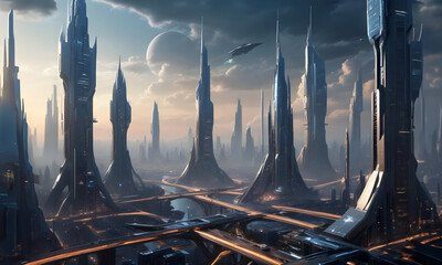 View of the futuristic city on alien planet, sci-fi concept background