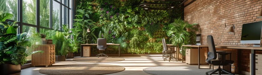 Obraz premium An eco-friendly office interior designed with biophilic elements, featuring a spacious open-plan workspace with living walls, natural light, and recycled furniture, promoting a healthy
