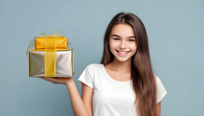 Young beautiful girl with gift package, Happy smiling face