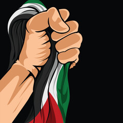 Poster design of clenched hands holding the Palestinian flag