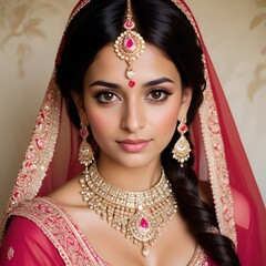 Young Indian South Asian woman with dark hair and brown skin wearing traditional bride red dress for Indian wedding
