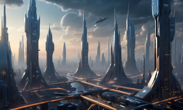 View of the futuristic city on alien planet, sci-fi concept background