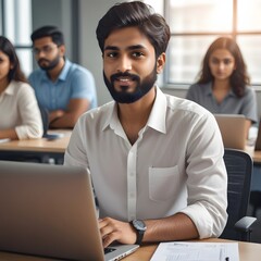 A young Indian man with a beard and short dark hair working on a laptop in college classroom