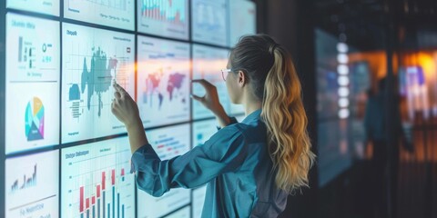 A woman is pointing at a screen with a lot of graphs and numbers