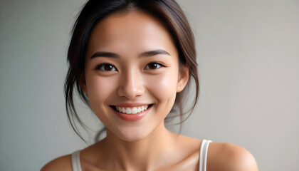 A young, smiling Asian woman with long, dark hair and a warm, friendly expression isolated on a flat plain background