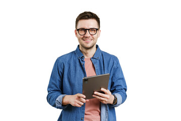 A man with glasses uses a tablet, a freelance creative designer, a cut-out background