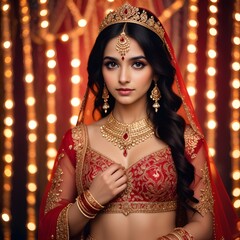 A young Indian woman with fair skin dark hair and wearing traditional dress with gold and a veil for Indian wedding function