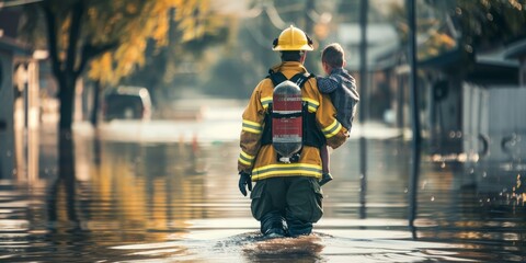 A firefighter is carrying a child through flood waters - Powered by Adobe