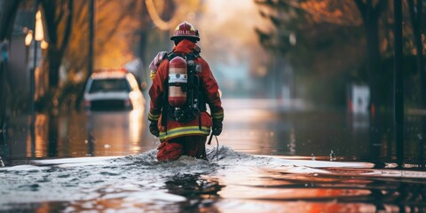 A firefighter is in the water, trying to save a car