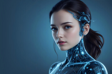 AI technology, cyborg women with blue background