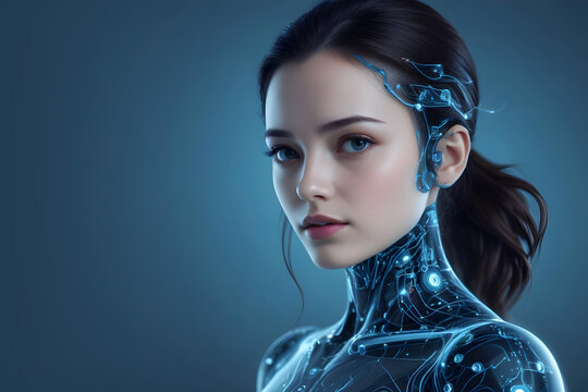 AI technology, cyborg women with blue background