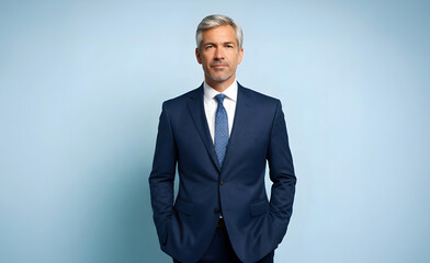Close-up portrait of a middle-aged confident CEO boss businessman wearing a blue coat and professional formal outfit isolated from the background