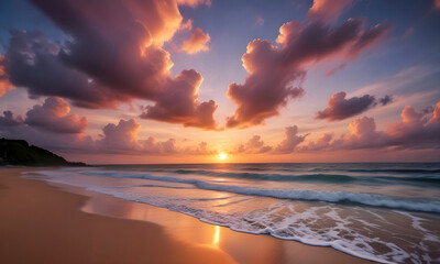 Colorful ocean beach sunset with deep blue sky and clouds