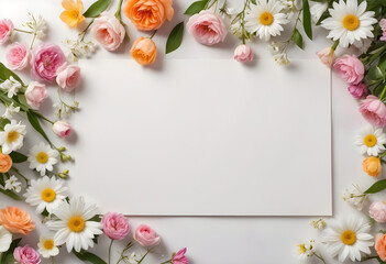 Fototapeta na wymiar Floral banner or website screensaver with spring flowers around a white canvas with empty space for text, idea for spring holidays greetings and Happy Valentine's Day cards