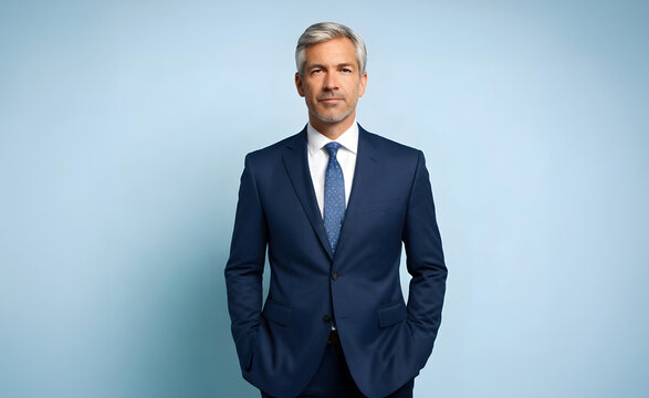 Close-up portrait of a middle-aged confident CEO boss businessman wearing a blue coat and professional formal outfit isolated from the background