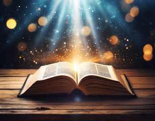 Open book on wooden vintage table with mystic magic bright light on background
