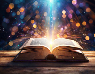 Open book on wooden vintage table with mystic magic bright light on background
