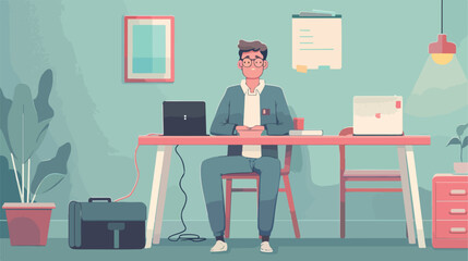 Office work concept illustration with happy male offi