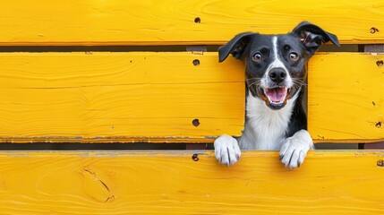   A black-and-white dog emerges its head from a yellow wooden bench, paws on the edge
