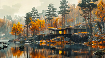 Autumn Colors Reflecting in a Forest Lake, Tranquil Natural Setting for Peaceful Reflection