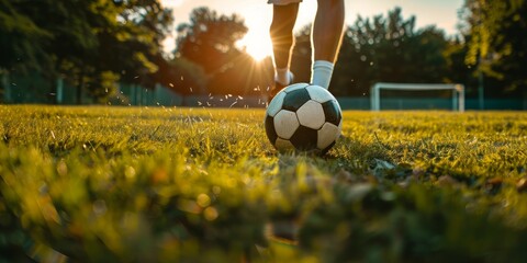 A soccer ball is kicked on a field with the sun shining on it