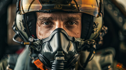 Fototapeta premium Portrait of a military aircraft pilot sitting in his plane wearing helmet and mask during the flight. Generative AI