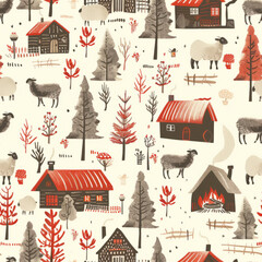 A rural countryside seamless pattern with sheep and cabins