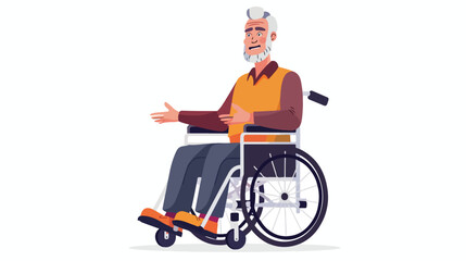 Older happy person sits in a wheelchair on a white background