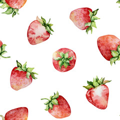 Seamless pattern of bright large watercolor strawberries