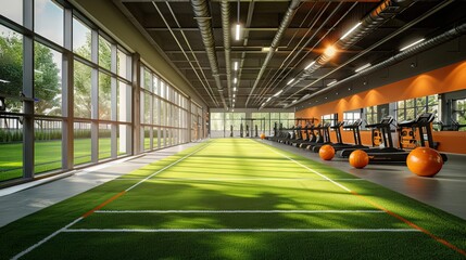 State-of-the-art fitness hub offers aerobics, spinning, and functional training, anchored by artificial grass and a running track