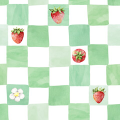 Seamless pattern of watercolor strawberries and flowers on a background of green chess squares