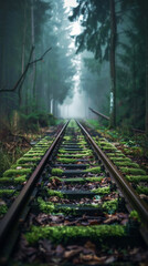 Obraz premium Abandoned railway tracks in forest, covered with leaves and moss. Mystical landscape. Adventure travel. Generative AI
