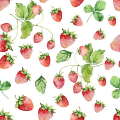 Seamless pattern of watercolor strawberries on a branch with leaves