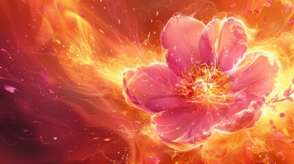 Fototapeta premium A pink bloom with a yellow core, encircled by yellow and red spirals, and specks of sparkles against a red and orange backdrop
