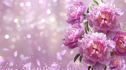   A pink peony bouquet against a pink backdrop, featuring bokeh of light and sparkles